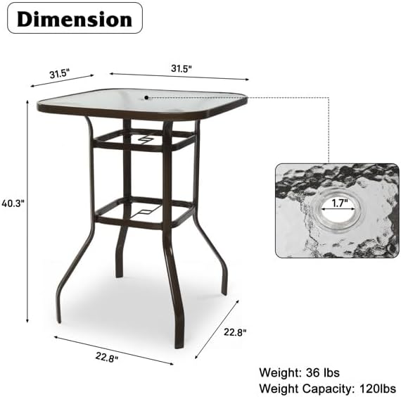 Outdoor Bar Table with Umbrella Hole, End Table with Glass Top, Patio Coffee Bistro Table for Indoor Garden Porch Balcony (Brown, Square 31x31x40in)