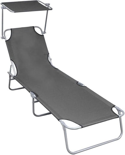Gray Folding Sunlounger, 74.2" Aluminum Chaise w/Adjustable Backrest, UV Resilient Poolside Recliner, 22.6" Wide Lightweight Reclining Outdoor Chair for Patio, Garden, Beach Use