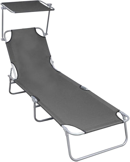 Gray Folding Sunlounger, 74.2" Aluminum Chaise w/Adjustable Backrest, UV Resilient Poolside Recliner, 22.6" Wide Lightweight Reclining Outdoor Chair for Patio, Garden, Beach Use