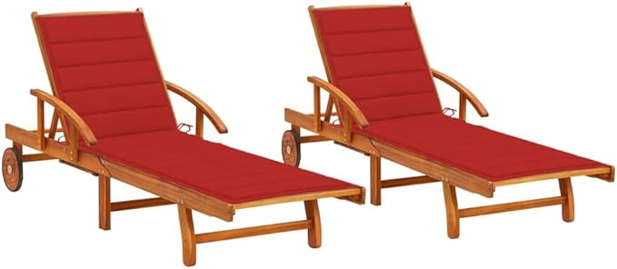 2-Piece Solid Acacia Wood Outdoor Lounge Chairs with Red Cushions Adjustable Reclining Pool Deck Patio Furniture - Photo 1