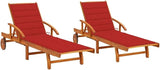 2-Piece Solid Acacia Wood Outdoor Lounge Chairs with Red Cushions Adjustable Reclining Pool Deck Patio Furniture - Photo 1