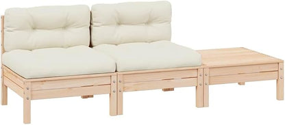 vidaXL 3 Piece Patio Lounge Set - Solid Pinewood/Cream Cushions - Garden Outdoor Furniture - Stool/Table Included