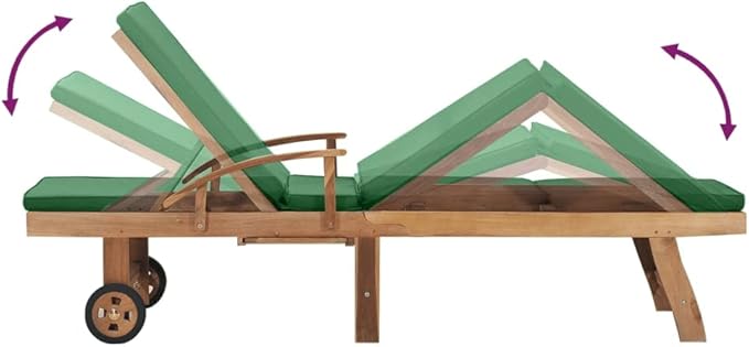 Outdoor Sun Lounger with Green Cushion, Adjustable Teak Wood Chaise Lounge for Patio Garden Poolside - Photo 5