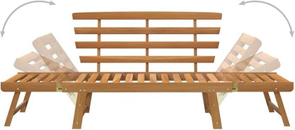 Brown Solid Acacia Wood Large Garden Bench 2-in-1 Convertible Outdoor Daybed with Adjustable Armrests for Patio Balcony Comfortable Seating Relaxation