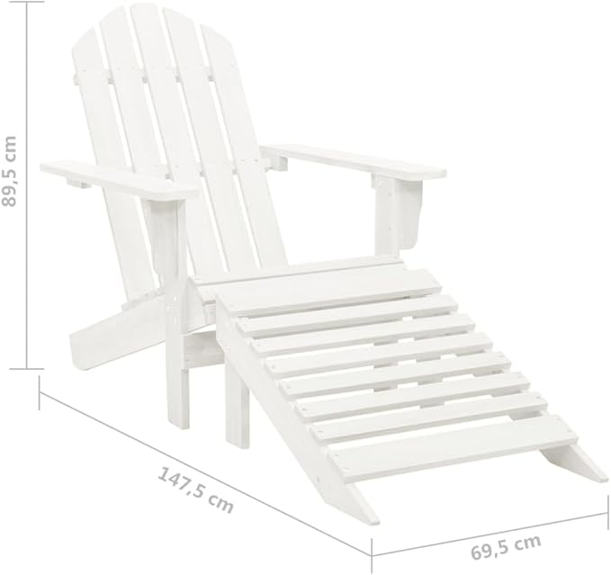 vidaXL Patio Lounge Set - White Adirondack Chair with Detachable Ottoman and Side Table, Solid Fir Wood, Classic Design, Weather Resistant