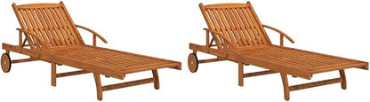 2-pc Acacia Sun Lounger Set, Adjustable Back/Footrest, Wheels, Brown