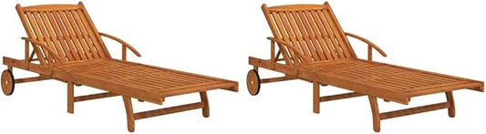 2-pc Acacia Sun Lounger Set, Adjustable Back/Footrest, Wheels, Brown
