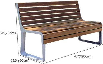 LITFAD Outdoor Bench Modern Park Bench with Corrosion Resistant Metal Frame, Dark Brown Wooden Seating with Backrest, Garden Bench for Patio, Lawn, Yard, Porch - Type F, 47" L x 23.5" W x 31" H