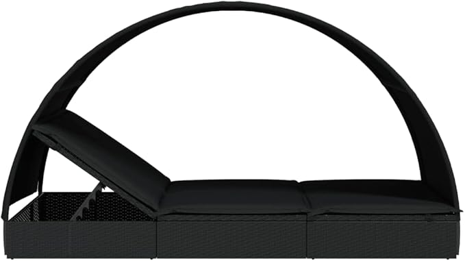 2-Person Outdoor Chaise Lounge Black Rattan Sunbed 83x44x55 in Weather-Resistant Fabric Cushions Adjustable Armrest for Patio Garden Poolside Deck