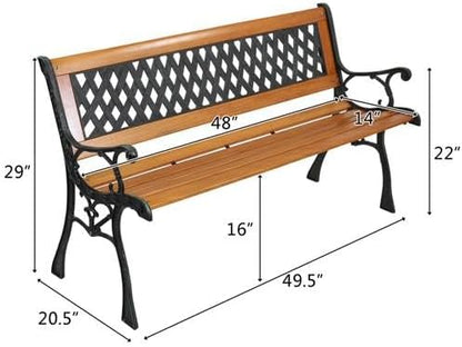 49" Outdoor Garden Bench, Patio Furniture Outdoor Chair with Hardwood Slats and Cast Iron Frame, Weather Proof 2-Person Outdoor Loveseat with Weave Style Back for Park, Porch, Pool, Backyard
