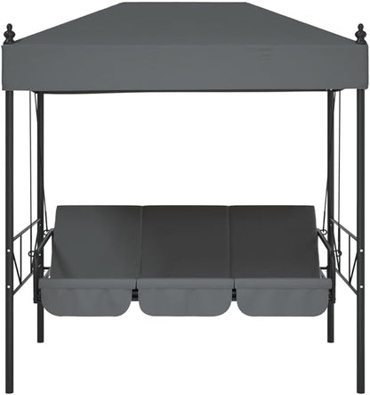 Outdoor Garden Swing Bench with Canopy and Cushions, 3-Seater Patio Swing Bed, Durable Powder-Coated Steel Frame, Dark Grey, 75 Inch Wide