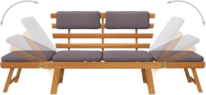 Outdoor Sun Bed with Brown Frame and Dark Grey Cushion, Solid Acacia Wood Daybed for Patio Lounging, Adjustable Armrests and Convertible Design for Two Person Relaxation