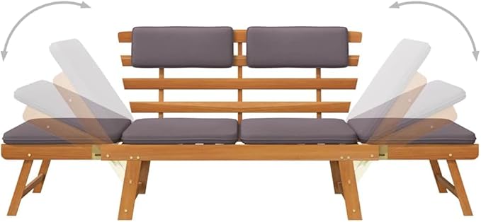 Outdoor Sun Bed with Brown Frame and Dark Grey Cushion, Solid Acacia Wood Daybed for Patio and Garden - Photo 7