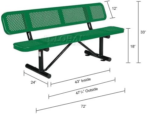 Global Industrial 6'L Heavy Duty Outdoor Steel Picnic Bench with Backrest, Perforated Metal, Portable Outdoor Bench, 1000 lbs Capacity, Green, 72" L x 24" W x 33" H