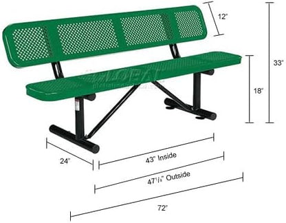 Global Industrial 6'L Heavy Duty Outdoor Steel Picnic Bench with Backrest, Perforated Metal, Portable Outdoor Bench, 1000 lbs Capacity, Green, 72" L x 24" W x 33" H
