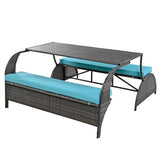 2 in 1 Convertible Picnic Upholstered Bench Table,57.1" Outdoor Loveseat,Portable Picnic Table Couch,Convertible to 4 Seats1 Table,for Garden,Lawn,Backyard,Porch,Patio