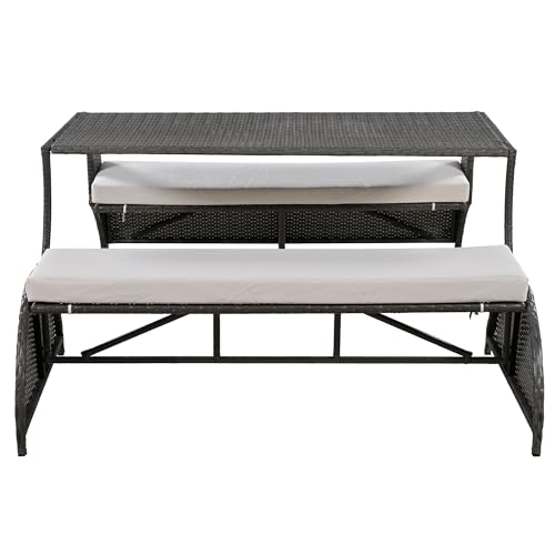 2 in 1 Convertible Picnic Upholstered Bench Table,57.1" Outdoor Loveseat,Portable Picnic Table Couch,Convertible to 4 Seats1 Table,for Garden,Lawn,Backyard,Porch,Patio