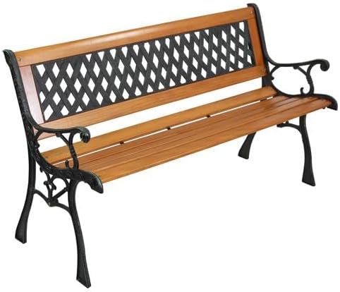 49" Outdoor Garden Bench, Patio Furniture Outdoor Chair with Hardwood Slats and Cast Iron Frame, Weather Proof 2-Person Outdoor Loveseat with Weave Style Back for Park, Porch, Pool, Backyard