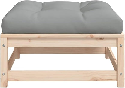 Grey Rustic Square Patio Ottoman, Solid Pine Wood Outdoor Footstool 10.9x10.9x4.6 in with Thick Cushion, Versatile Coffee Table for Balcony, Garden & Porch