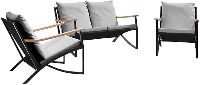 3-Piece Balcony Furniture Set, Modern Outdoor Bistro Set with 2 Chairs and Bench, Powder-Coated Steel Metal Garden Patio Furniture for Backyard, Porch, Deck, Black