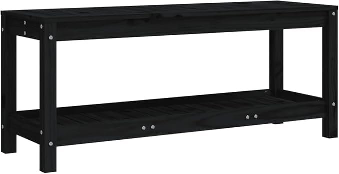vidaXL Patio Bench in Black Pine: Solid Wood Garden Seat with Practical Shelf and Slatted Design, Great for Patios - Photo 7