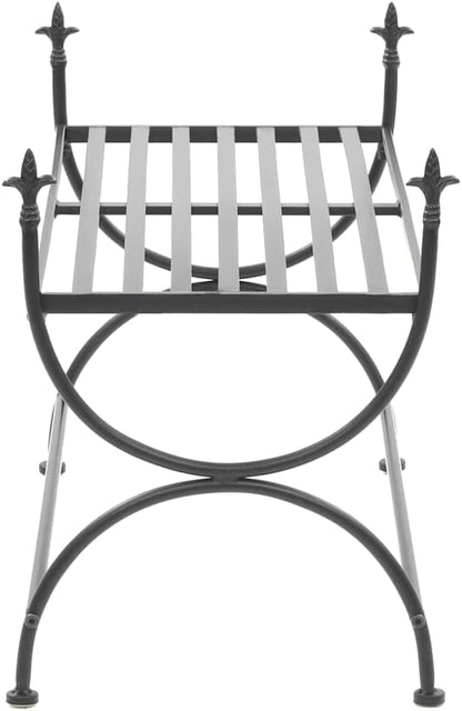 Vintage Black Metal Garden Bench with Decorative Inlays, Durable Wrought Iron Construction for Indoor and Outdoor Seating, Spacious Rectangular Design, Classic Style Patio