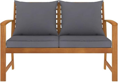47in Acacia Wood Garden Bench Dark Grey Cushions Oiled Finish Rustic Outdoor Seating for Patio Porch Balcony Solid Construction Seats Two