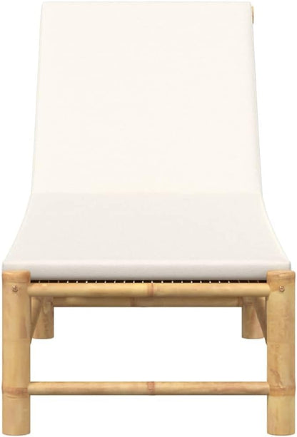 Adjustable Sun Lounger with Cushions, Cream White Bamboo Outdoor Chaise Lounge for Poolside and Garden, Patio Furniture with Removable Cover and 3-Position Backrest, Supports 242 lbs
