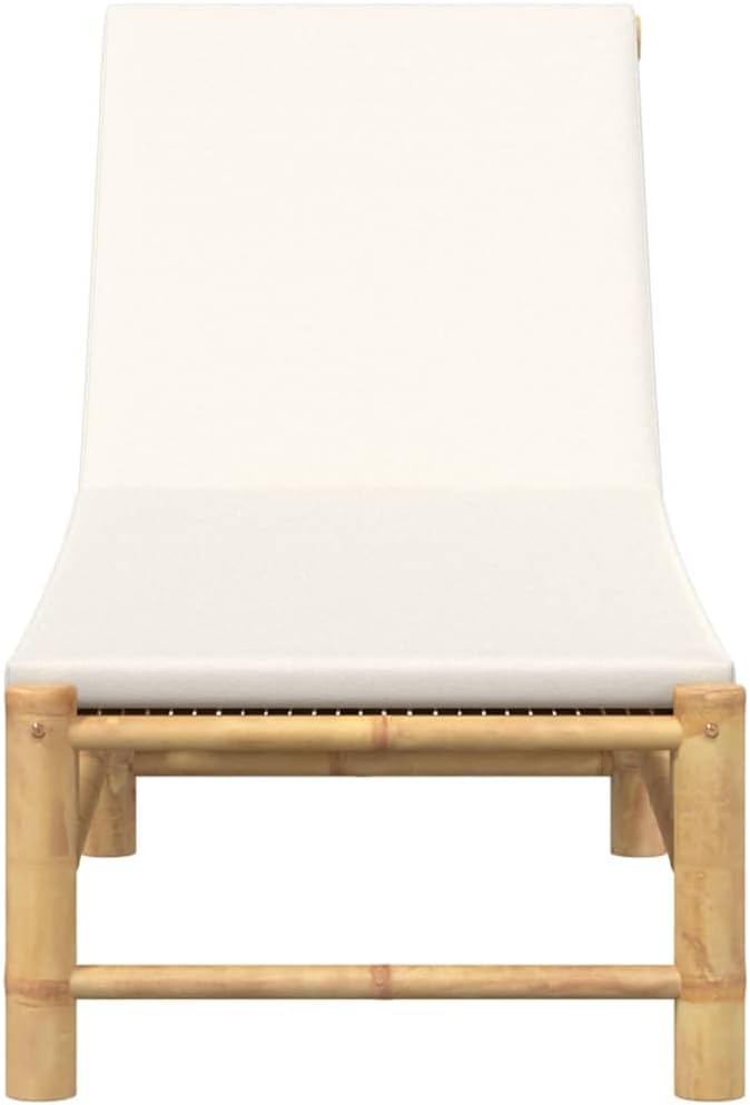 Bamboo Sun Lounger Cream 78" Outdoor Chaise Lounge Adjustable Backrest Patio Recliner with Cushion for Poolside Garden - Photo 4