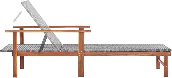 Adjustable Sun Lounger with Cushion, Grey Outdoor Chaise Lounge Chair, Patio Furniture with Solid Acacia Wood Frame and PE Rattan for Poolside, Garden, Backyard Relaxation