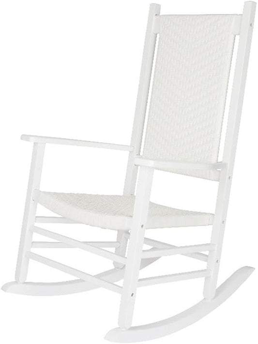 Pemberly Row Traditional Hardwood Patio Porch Rocker, White Finish, 45.25" H x 27" W x 34" D, Ergonomic High Back, Durable Kiln-Dried Wood, Outdoor/Indoor Seating for Porch, Patio, or Garden