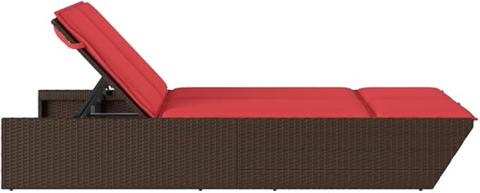 Brown PE Rattan Double Outdoor Lounge Chair 78.7×46.5×32.7in Adjustable Backrest Chaise for Patio Garden Poolside 2-Person Sun Lounger Powder-Coated Frame Easy-Clean Cushions