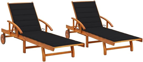Acacia Wood Sun Lounger Set of 2 with Black Cushions 33.5x78.3x26.4 in Outdoor Chaise Recliner for Garden Patio - Photo 1