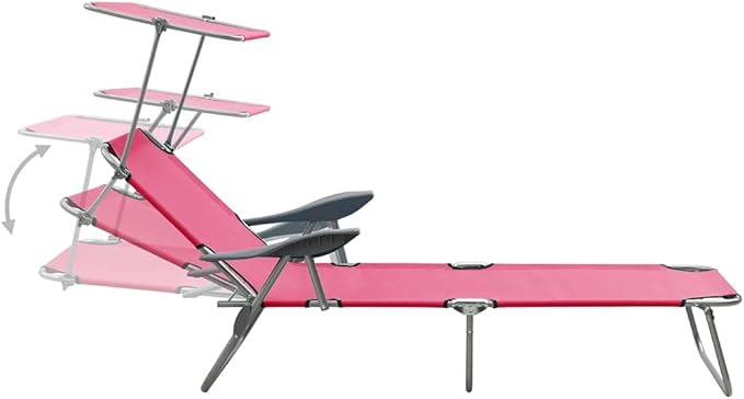 Foldable Pink Outdoor Chaise Lounge for Poolside, Aluminum Steel Recliner Sunbed 74x28x10 in - Photo 5