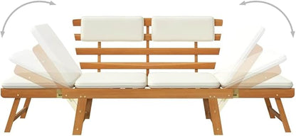 2-in-1 Convertible Acacia Lounge Chair and Sun Bed in Light Brown and Cream Solid Acacia Wood for Garden Patio Sunroom with Removable Cushions and Oiled Finish