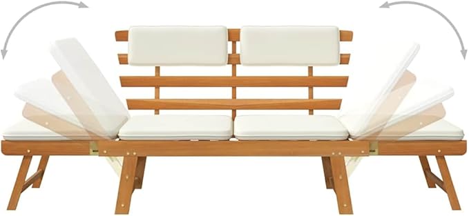 Convertible Garden Bench with Cushions, Outdoor Daybed, Acacia Wood Patio Furniture, Grey Wash Finish Brown and White, 74.8 x 29.1 x 29.5 in