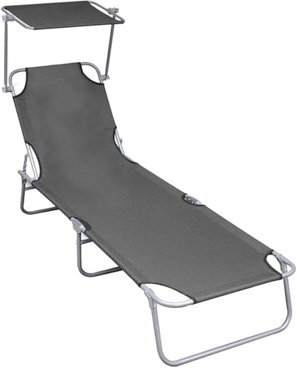 Folding Sun Lounger,Patio Chaise Lounge Chair,Outdoor Recliner Lounge Chair Sun Loungers, All Weather Chaise for Garden, Balcony, Pool with Canopy Grey Aluminum