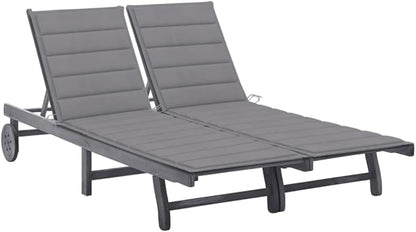 2-Person Outdoor Chaise Lounge Grey Solid Acacia Wood 78.7" Wide Wheels Adjustable Backrest Patio Poolside Sunlounger Garden Furniture