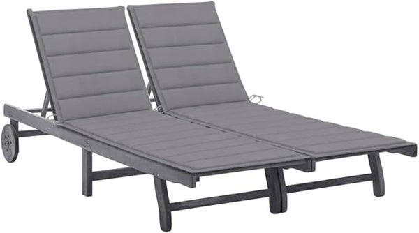 2 Person Outdoor Acacia Sunlounger 78.7 x 23.6 x 39.4 in Grey Patio Chaise with Adjustable Backrest Wheels for Poolside - Photo 1