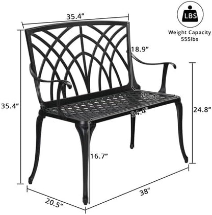 38" Outdoor Garden Bench, Patio Furniture Outdoor Chair with Aluminum Frame, Weather Proof Patio Park Bench with Orchid Backrest for Park, Porch, Pool, Backyard