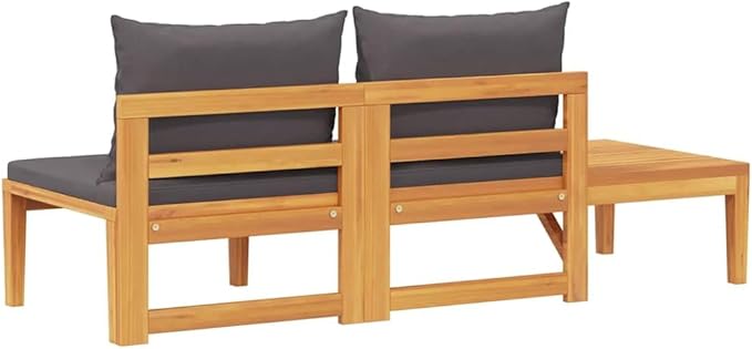 Garden Bench with Table Dark Grey Natural Wood Solid Acacia Wood Plush Cushions Reversible Table Orientation Easy Maintenance Ample Seating Capacity Outdoor Furniture Patio