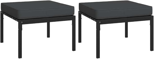 Set of 2 Outdoor Garden Footstools, Square Metal Patio Ottoman with Weather-Resistant Cushions, Modern Powder-Coated Steel Foot Rest for Backyard, Deck, Poolside, Black and Grey