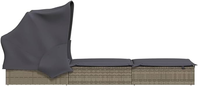 Grey PE Rattan Outdoor Chaise Lounge with Adjustable Canopy 83.1 x 25.6 in Powder-Coated Steel Frame Cushioned Sunbed - Photo 6