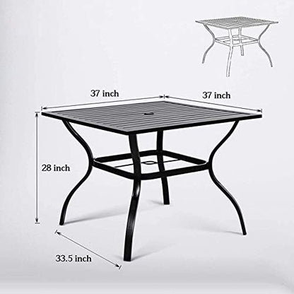 37" x 37" Patio Dining Table, Outdoor Square Bistro Metal Table with Steel Slat Table Top for Porch Deck Garden Backyard Poolside, 1.57" Umbrella Hole, Black