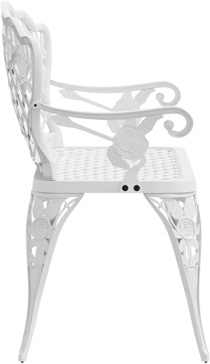 Traditional Cast Aluminum Garden Bench with Floral Patterns, 42.5 Inch Width White Outdoor Bench for Patio and Garden, Durable Metal Seating with Scrollwork Design