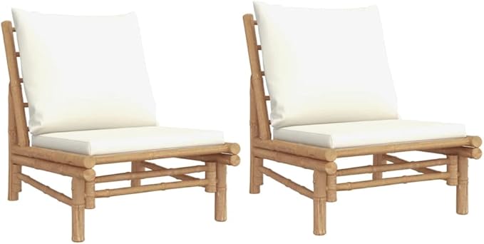Garden Chair Set of 2, Bamboo Outdoor Sectional Sofa Units with Cream Cushions, 33.9"x23.6"x28.9" - Photo 2