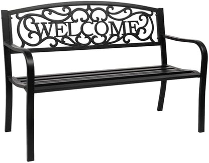50" Outdoor Bench,Metal Outside Benches for Garden,Patio,Front Porch, Park, Yard, with Armrest and PVC Backrest,Weather Resistant,Iron,Support up to 750lbs,Black