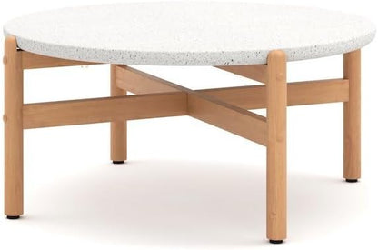 Round Outdoor Coffee Table in Brown Acacia Wood, Circle Coffee Table with Durable Terrazzo Top for Patio and Garden Lounge Settings