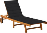 Acacia Wood Sun Lounger with Adjustable Backrest, Black Weather-Resistant Cushion, Wheels and Pull-Out Table for Patio - Photo 1