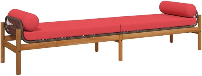 Brown and Red PE Rattan Patio Bench with Removable Cushion Covers, 2-Piece Outdoor Seating Set with Acacia Wood Legs and Steel Frame for Garden Balcony Terrace